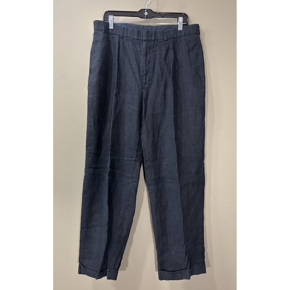 Vtg Polo Ralph Lauren Black Linen Pants Mens Sz 34x29 Pleated Cuffed Old Money